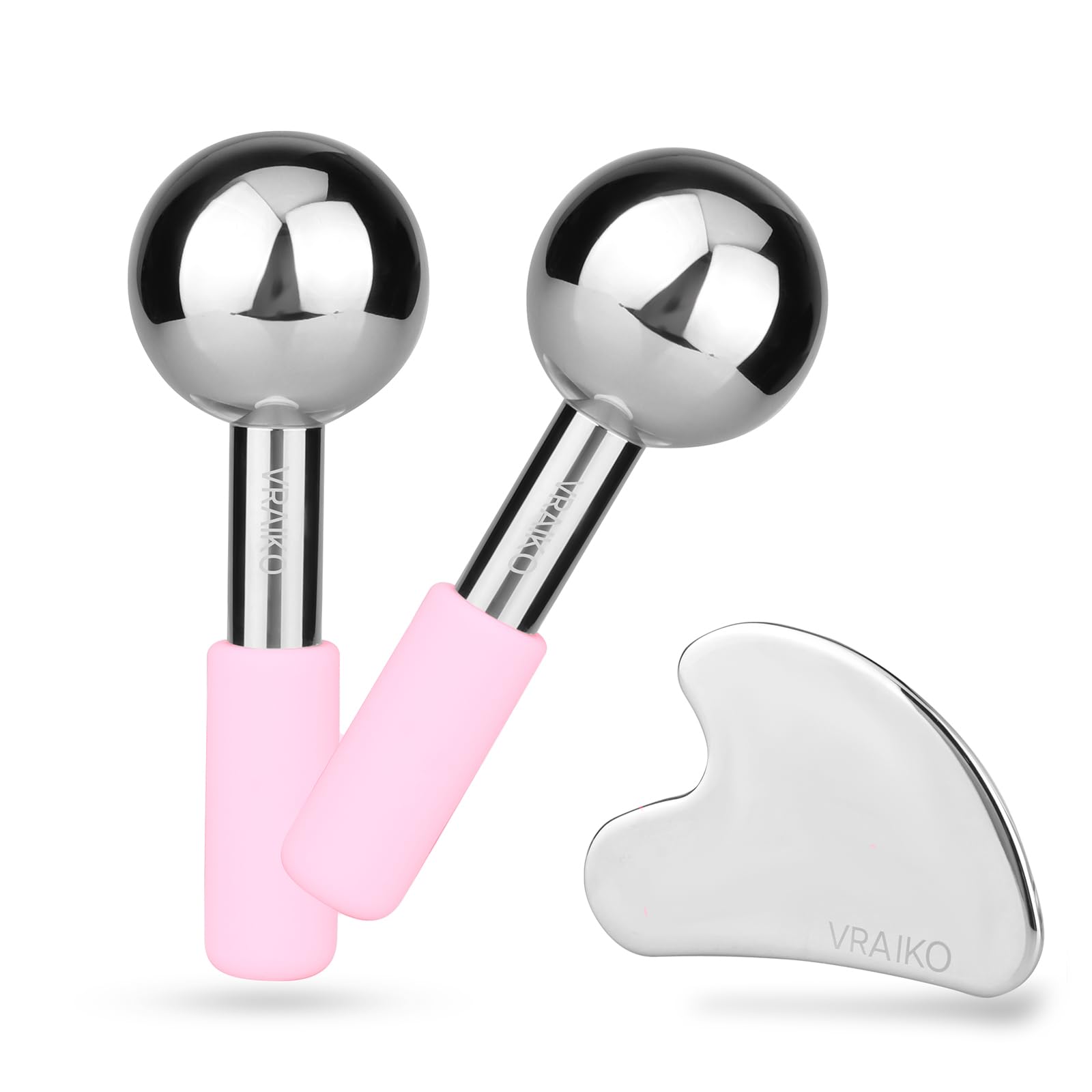 VRAIKO ICE Globes for Facials & Gua Sha Set, Gua Sha Facial Tools and Cryo Sticks with Unbreakable Steel, Face Massager Cooling Rollers for Dark Circles, Puffiness and Lymphatic Drainage (Pink)