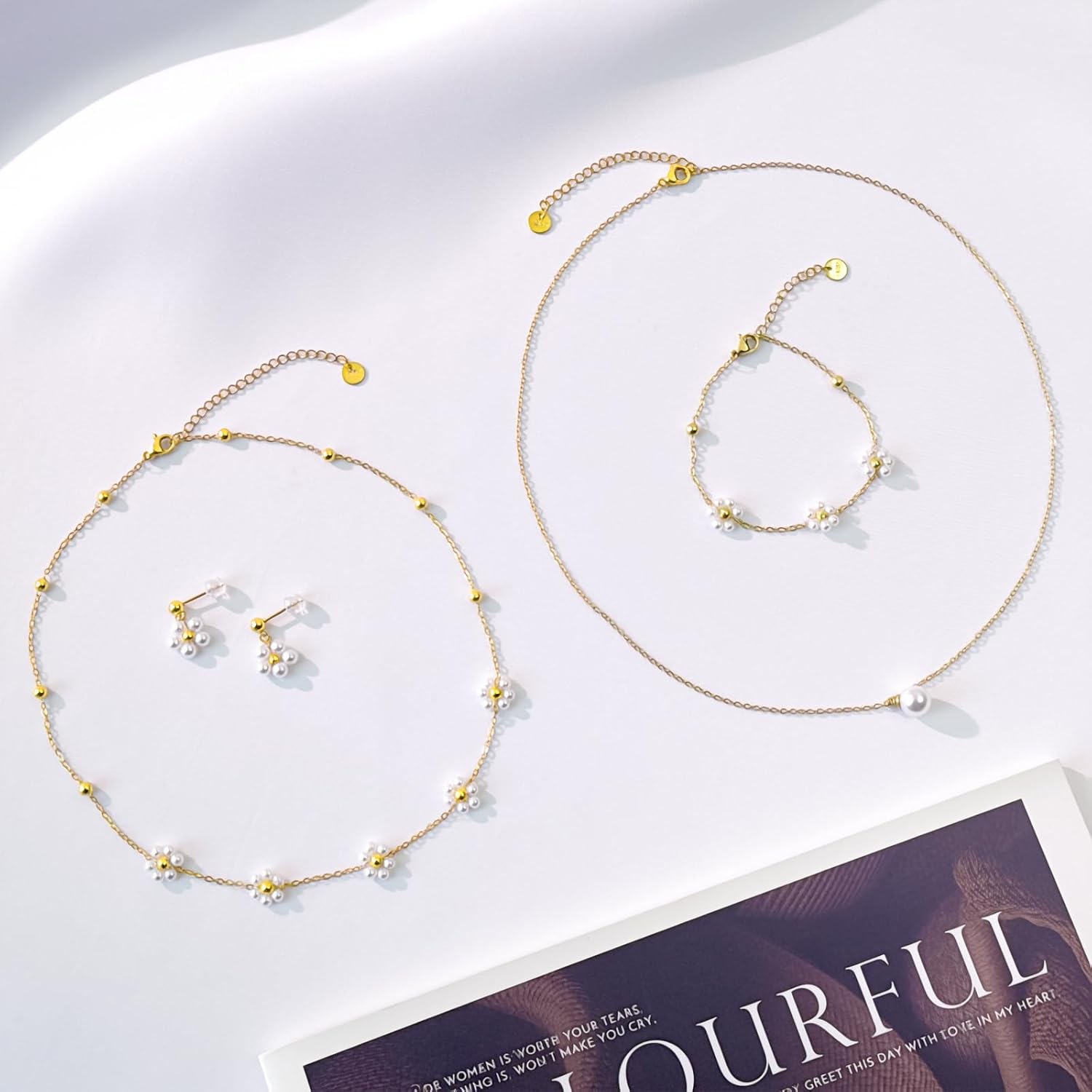 Gold Jewelry Set for Women Dainty 18K Gold Silver Plated Layered Daisy Pearl Flower Choker Necklaces Set Flower Bracelet & Drop Earrings Wedding Jewelry for Christmas Birthday Gifts - Image 5