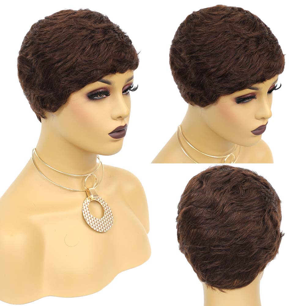 Parrucca Corta Pixie Parrucca Donna Naturale Parrucca Corta Capelli Umani Breve Capelli Umani Parrucca Dritta Brasiliana Pannolino Capelli con Frangia Parrucche Marrone scuro (4#)