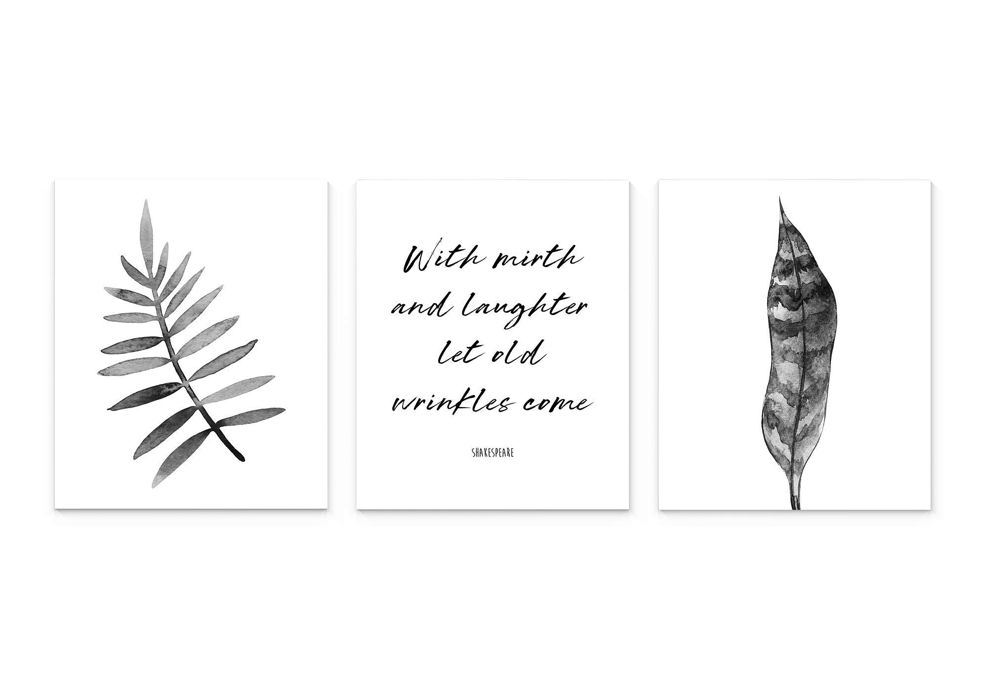 Modern Black And White Tropical Leaf Typography With Mirth And Laughter Saying Wall Art Set of 3, 8x10 inch Unframed Print Poster With Inspirational Shakespeare Quote for Office or Home Decor
