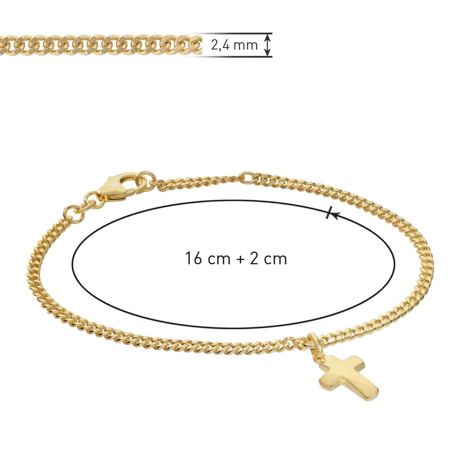 trendor Bracciale da ragazza con croce, argento 925, placcato oro, maglia a catena 21581