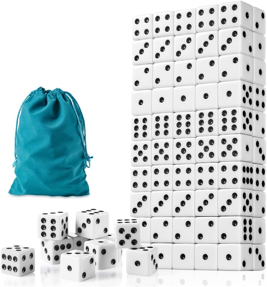 100 Pieces Dice Set, 16MM Standard White Opaque Six Sided Dice with Pouch | High Quality Black Dot White Dice for Group Event, Board Games, Classroom Math