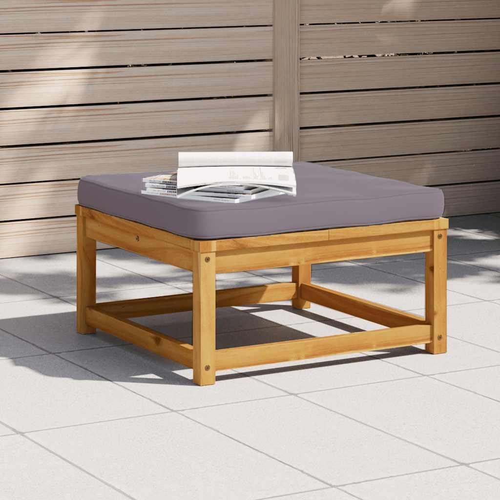 24.8" Acacia Wood Outdoor Footstool Grey Cushion Square Ottoman Weather-Resistant Patio Seating Side Table for Garden Deck Balcony ...