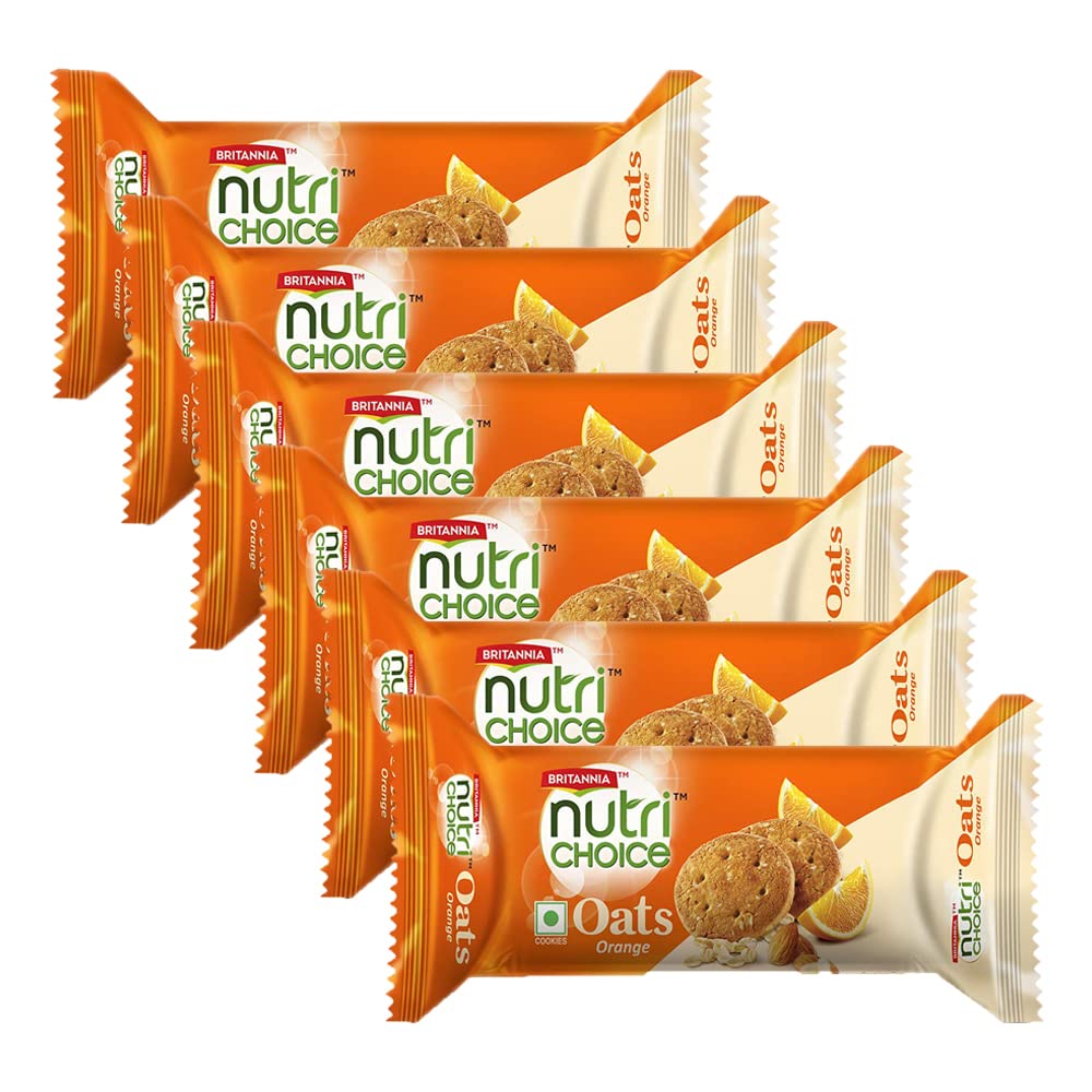 Britannia NutriChoice Oats Orange 2.64oz (75g) - Breakfast & Tea Time Snacks - Crunchy, Healthy and Delicious (Pack of 6)