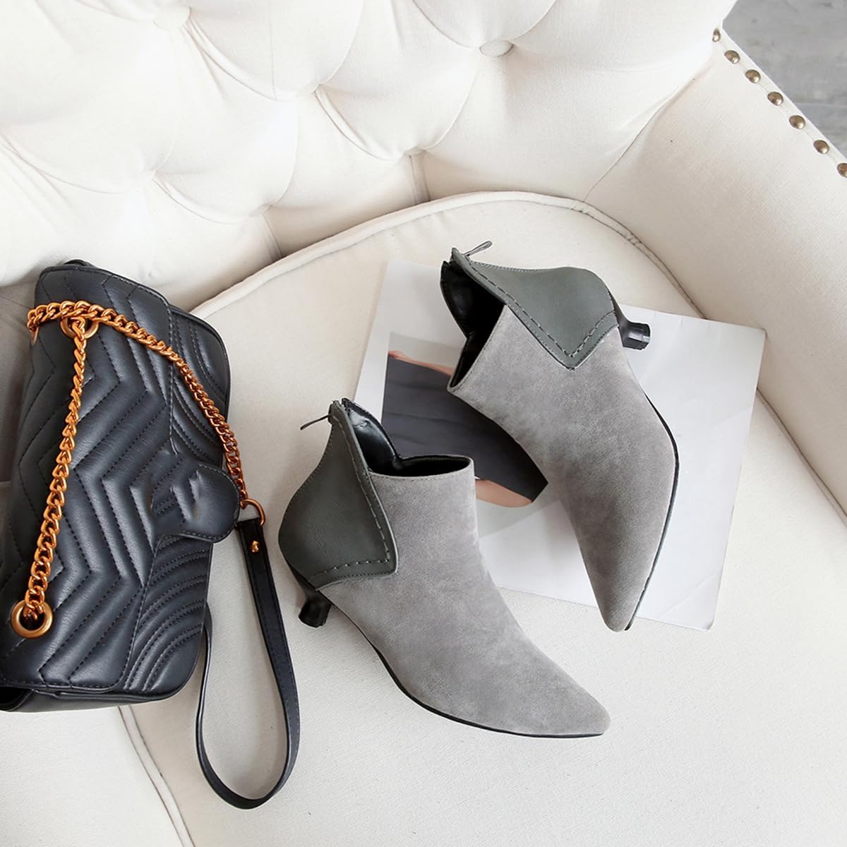 Pointed Toe Kitten Low Heels Ankle Boots For Womens Zipper Winter Fall Work Office Dressy Short Booties