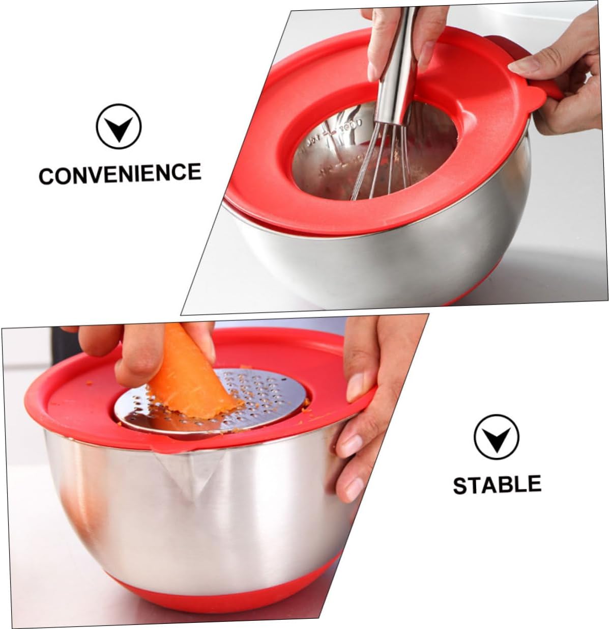 Stainless Steel Salad Mixing Bowls with Red Handle, Silicone Bottom, 18cm 20cm Nesting Kitchen Bowls Set with Lids and Graters for Baking, Dough Mixing, and Food Storage