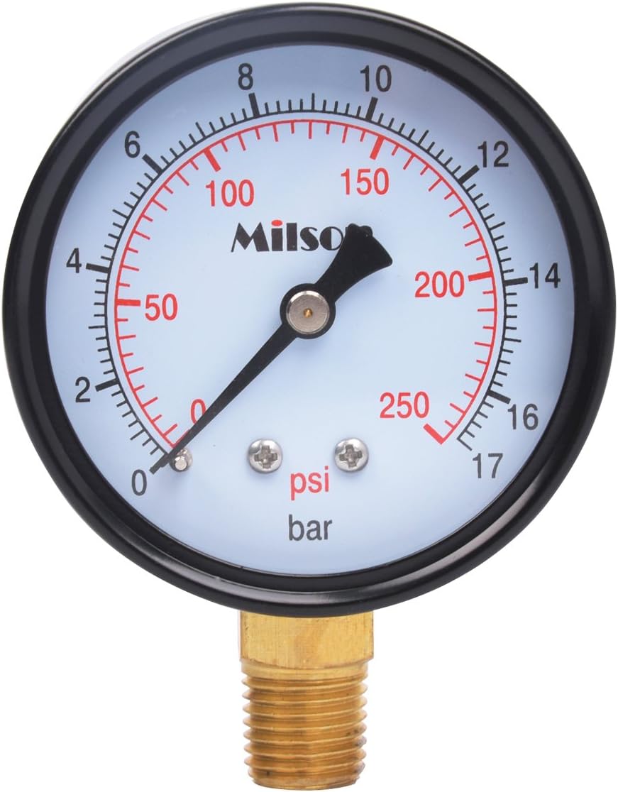 Milson Pressure Gauge, 2.5" Black Steel Case, Bottom Mount, 1/4"NPT, 0+250 Psi/Bar, Accuracy: +/-2.0, Brass Internal, Multiple Function