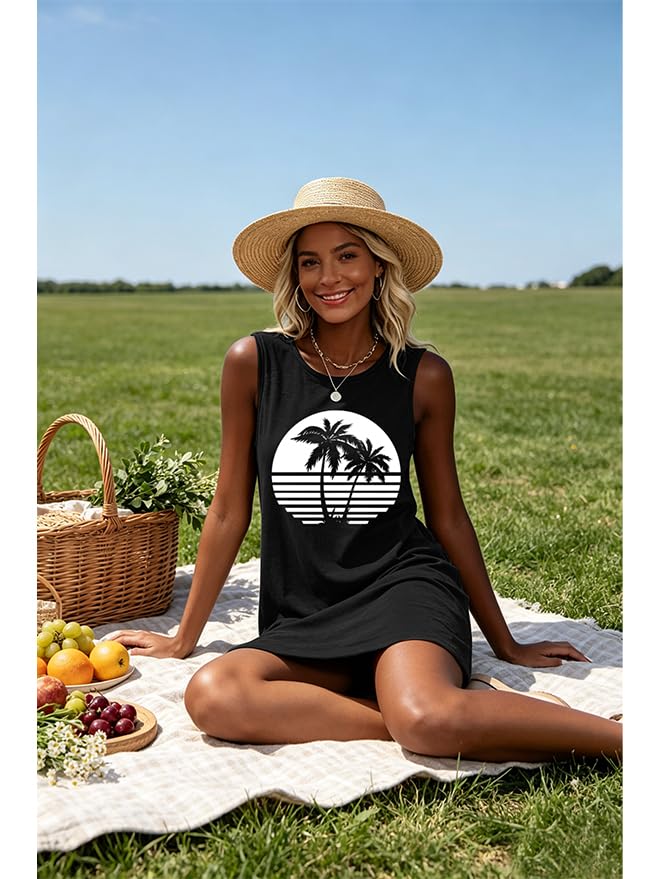 Image of Sun Salt Sand Coconut Tree Tank Mini Dress for Women Sleeveless Beach Praty Shirts Summer Vacation Short Mini Dresses
