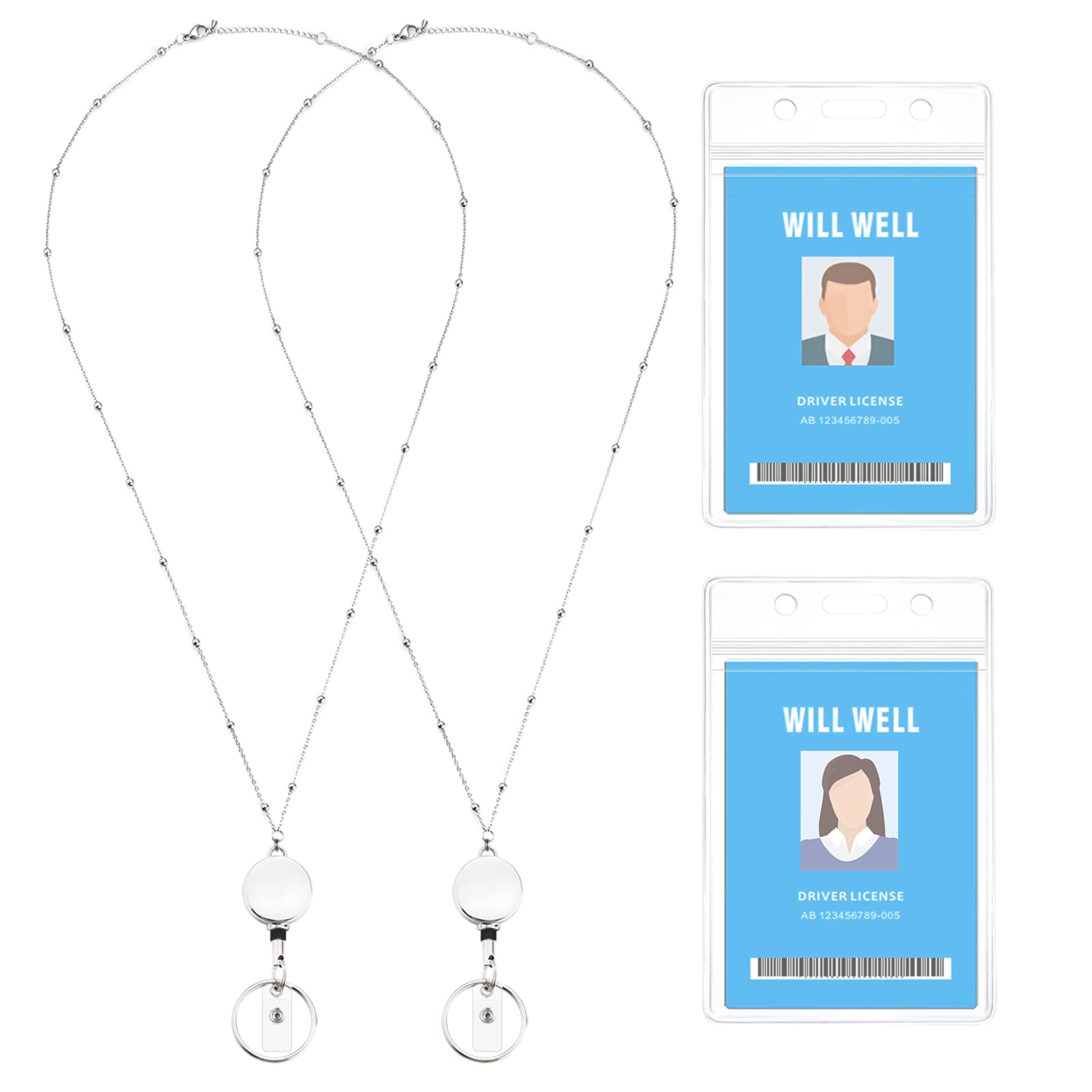 Will Well Retractable Beaded Badge Reel Lanyard with Keyring for Women - Vertical Plastic 3.58" x 2.52" Sleeves Fit Up to 3 Cards - Stainless Steel Necklace with Pull Cord - 2-Pack, Clear Case
