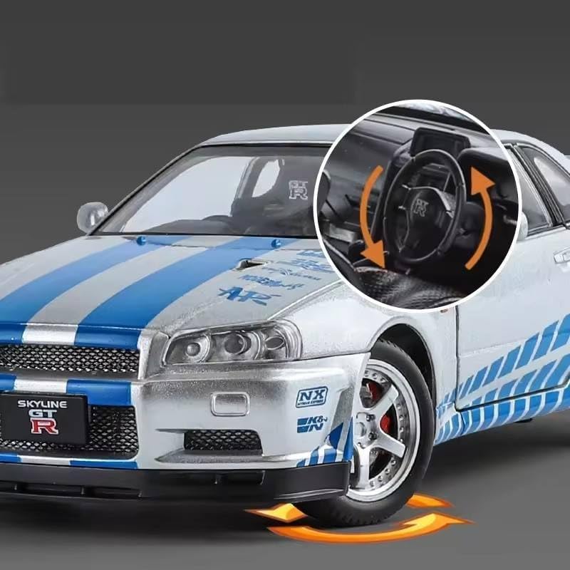 Image of 1:24 Nissan Skyline GT-R R34 Diecast Model Car, Pull Back Toy with Sound & Light, Collectible for Kids & Adults (Silver)