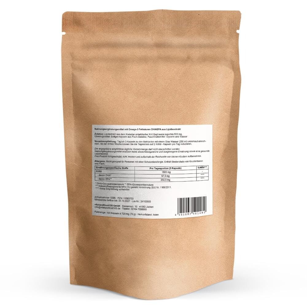 vitalundfitmit100 Krillöl Kapseln 500 mg 100 Softgelkapseln Omega 3 mit Astaxanthin natur pur glutenfrei laktosefrei ohne Zusatzstoffe