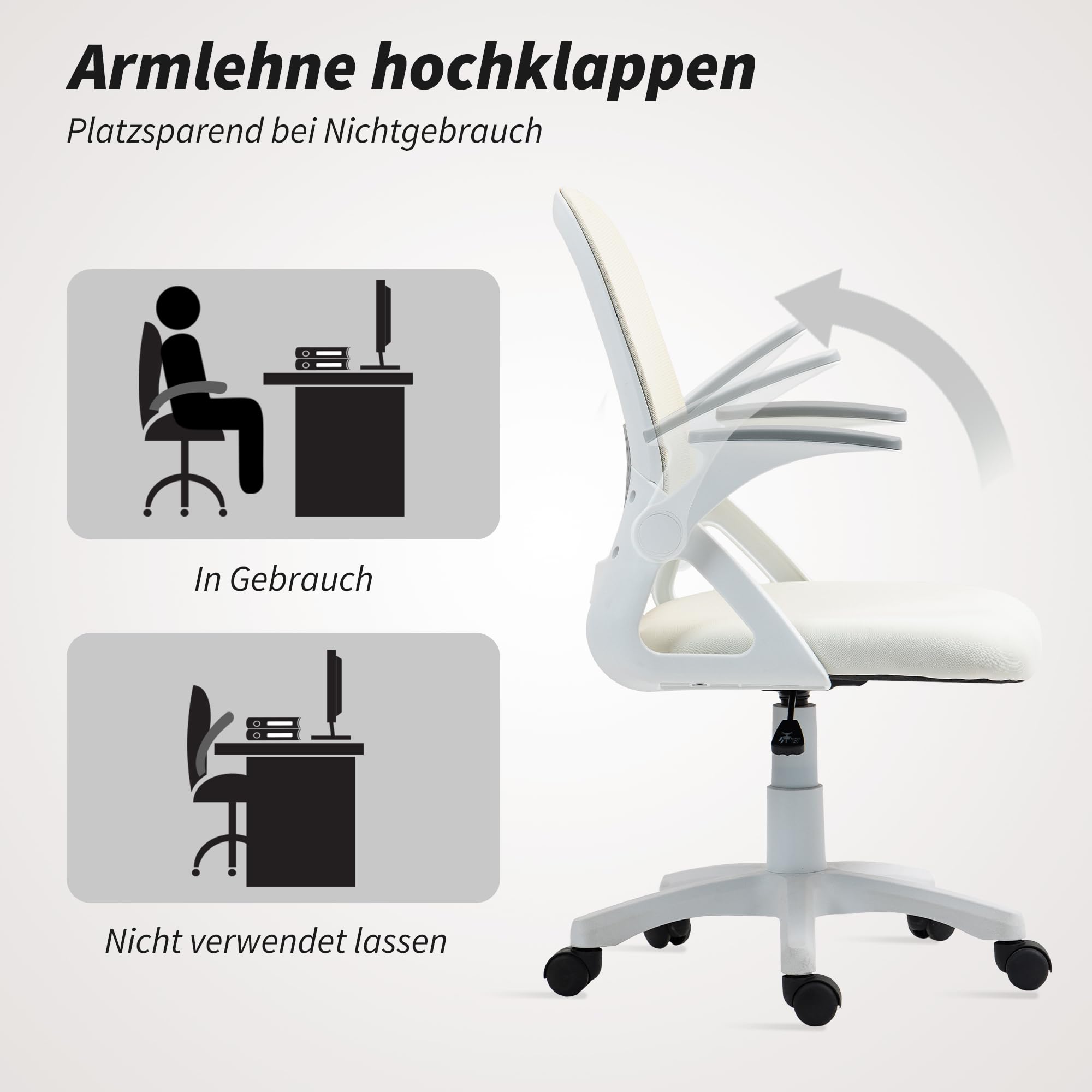 HOMCOM Bürostuhl mit Aufklappbarer Armlehne Lendenwirbelstütze Weiß | Ergonomischer Schreibtischstuhl, Höhenverstellbarer Drehstuhl mit Wippfunktion, Netzbespannung, Computerstuhl
