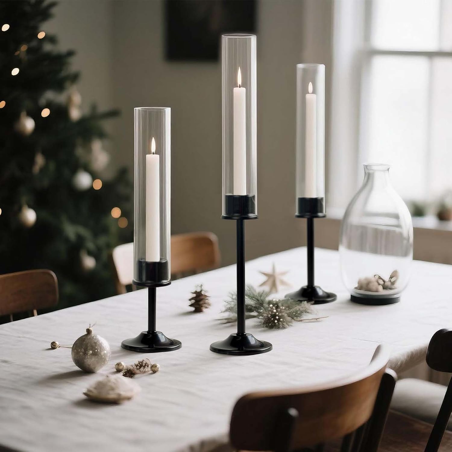 Glass Hurricane Candle Holder for Taper Candles 6 Pcs Candlestick Holders (13" 15" 17") Black Bulk with Windproof Cylinder for Tabletop Wedding Home Decor
