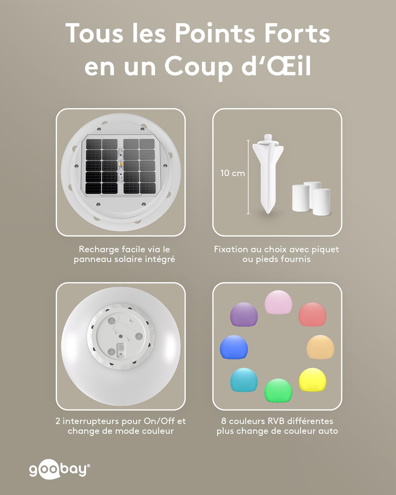 goobay LED Solar Ball 35 cm - Boule lumineuse RGB d'extérieur, résistante à l'hiver, étanche | Lampe solaire, lampe décorative pour terrasse, balcon, jardin, avec 10 modes d'éclairage et piquet