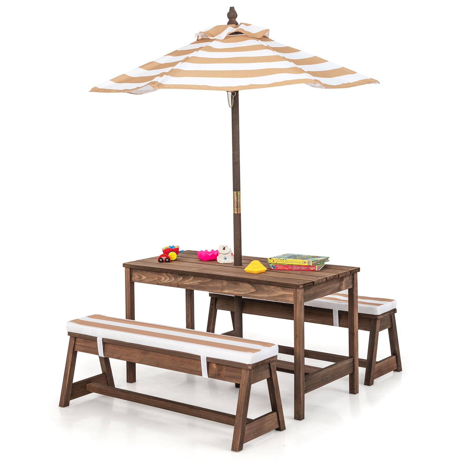 SOARS Set di Tavolo Picnic per Bambini con Ombrellone Regolabile, Panche per Bambini in Legno di Abete con Parasole e Cuscini Morbidi, Tavolo e Panchine Pranzo da Giardino e Parco (Marrone)