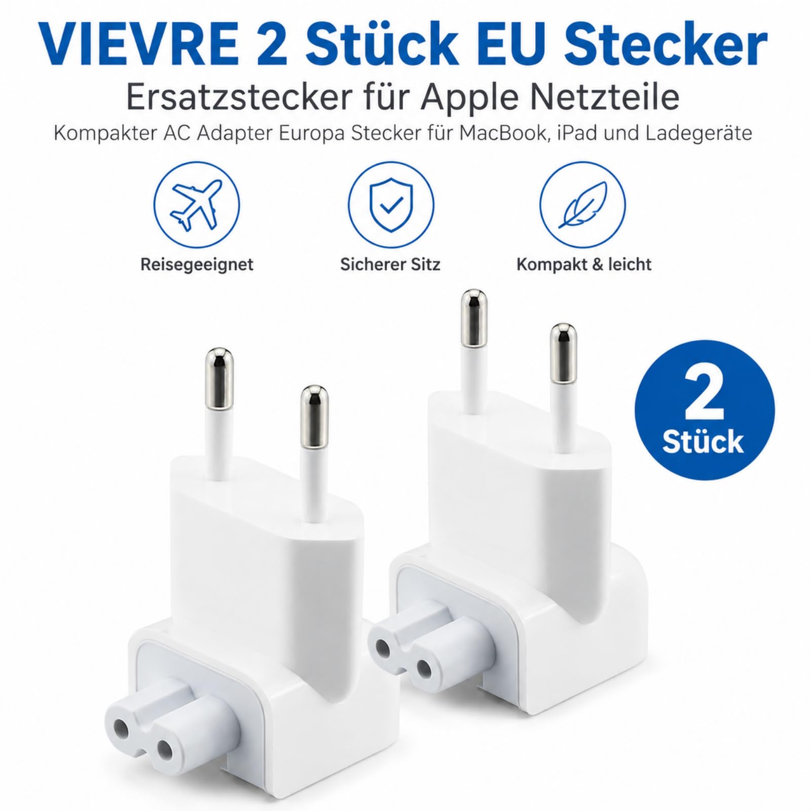 VIEVRE 2 sztuki adapter AC wtyczka europejska, wtyczka UE do zasilacza Apple wtyczka zamienna do MacBook, iPada, ładowarki, konwertera, złącze zastępcze