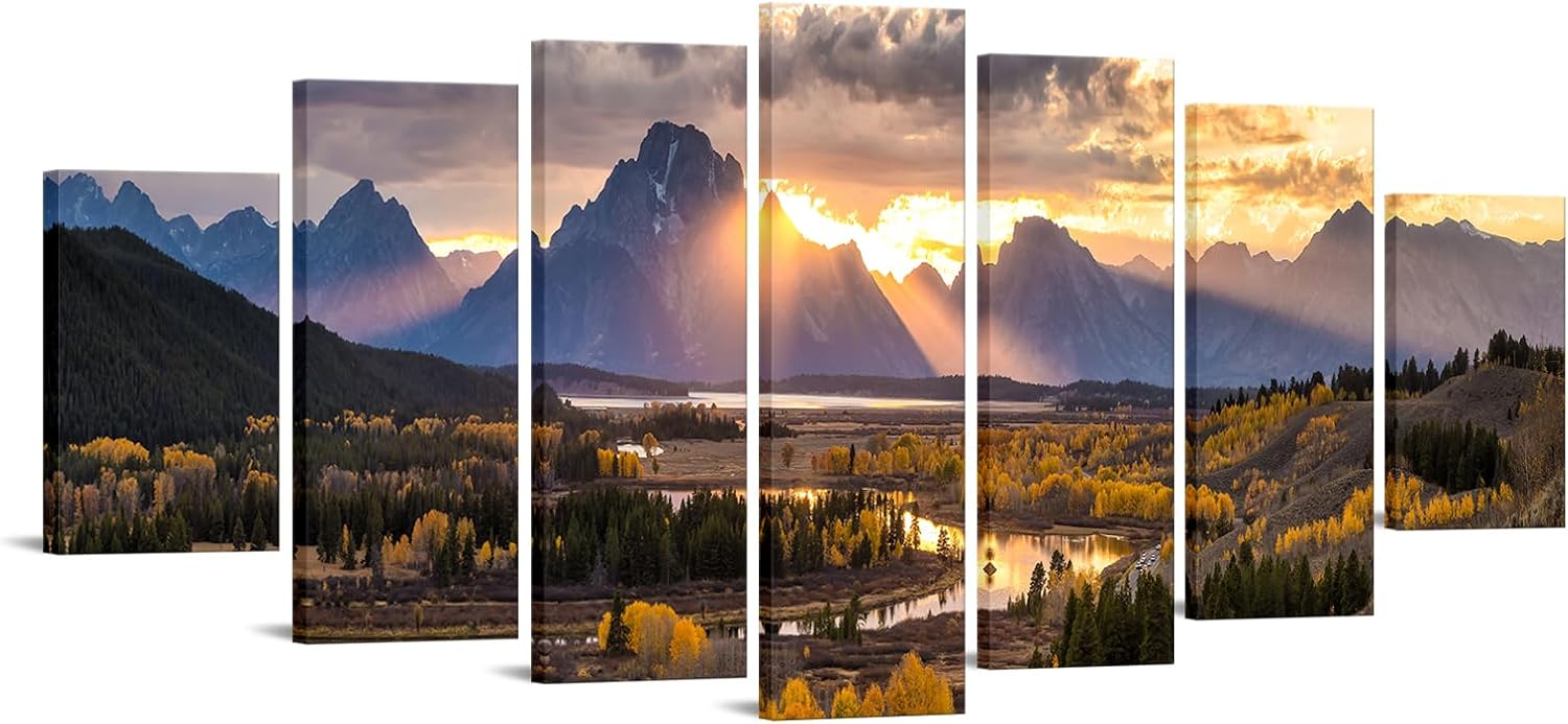 iKNOW FOTO XLarge Canvas Set of 7 Wall Art Grand Teton National Park in Autumn in Wyoming USA Landscape Picture Prints Painting Scenery Wall Decor for Home Decorations 70x32 Inches