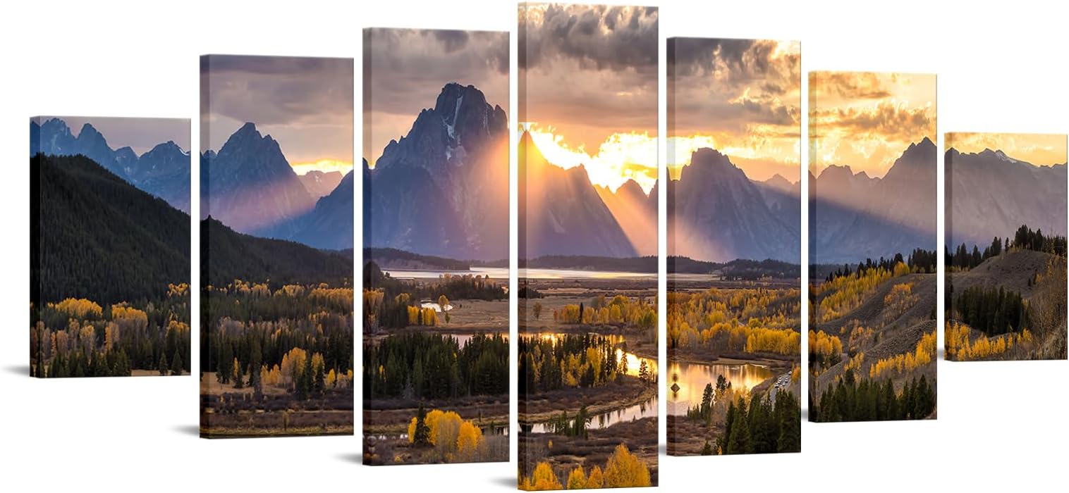 iKNOW FOTO XLarge Canvas Set of 7 Wall Art Grand Teton National Park in Autumn in Wyoming USA Landscape Picture Prints Painting Scenery Wall Decor for Home Decorations 70x32 Inches