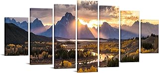 iKNOW FOTO XLarge Canvas Set of 7 Wall Art Grand Teton National Park in Autumn in Wyoming USA Landscape Picture Prints Painting Scenery Wall Decor for Home Decorations 70x32 Inches
