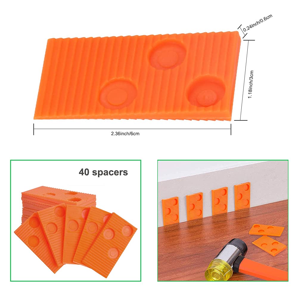 Kit de instalación de suelos de madera laminada con 40 espaciadores, mazo de doble cabeza, bloque de roscado y barra de tracción (naranja)