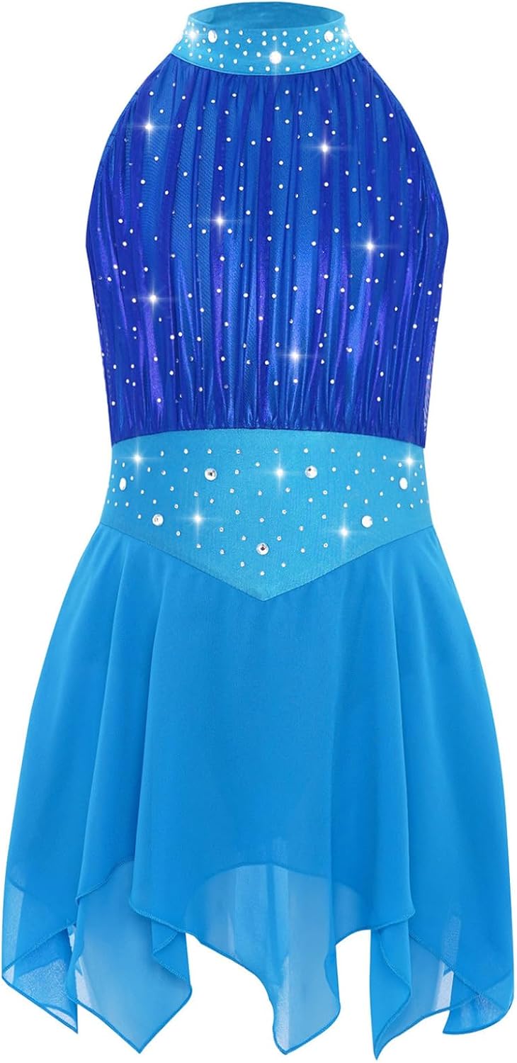 Kids Girls Irregular Hem Skirted Leotard Competition Costume Mesh Spliced Figure Ice Skating Dress