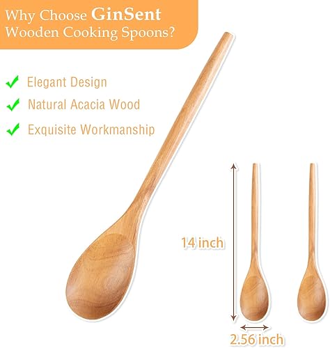 Miniatura 2 de GinSent 2 cucharas de madera para cocinar, cucharas de madera de 14 pulgadas, cucharas de cocina de agarre cómodo, cuchara de madera, utensilios de