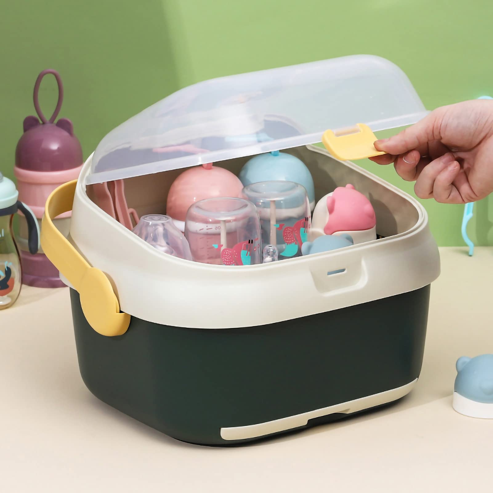 Grand Organisateur De Boîte De Rangement Pour Biberon Avec Couvercle,Rangement Pour Séchoir à Biberon, Organisateur Portable De Boîte à Biberon Avec Couvercle Anti-poussière(Vert)