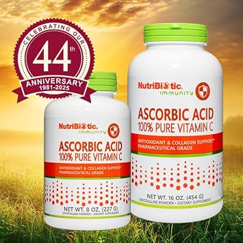NutriBiotic Ascorbic Acid Vitamin C Powder, 8 Oz | Pharmaceutical Grade L-Ascorbic Acid, 2000 Mg Per Serving | Essential Immune & Antioxidant Collagen Support Supplement | Vegan, Gluten & GMO Free