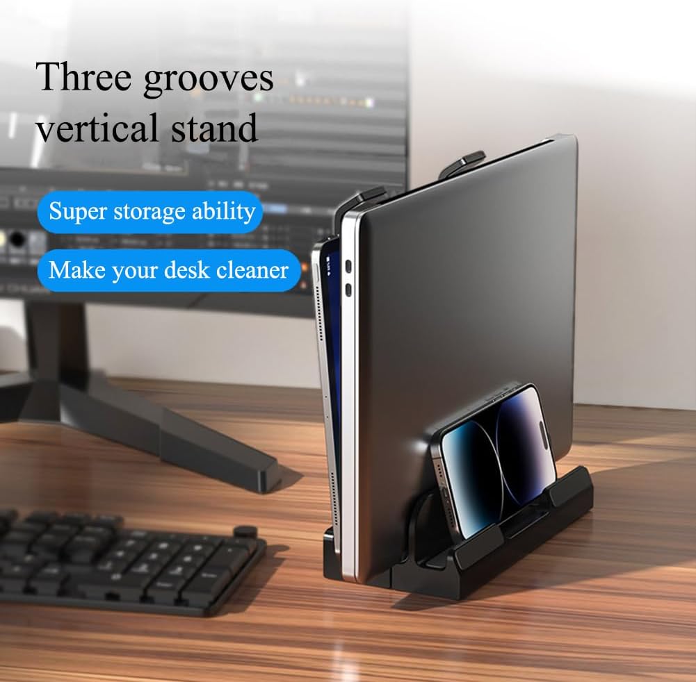 Vertical Laptop Stand for Desk,Three Slots Laptop Holder,Dual-Function,Space-Saving Upright Storage for Pad and Laptops,with Laptop Stand Ability(Black) image 3 of 7 B0D3876SHH