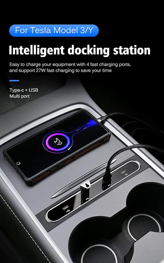 Hub USB 4 en 1 Cargador Rápido 27W para Tesla Model 3/Y Negro miniatura 7