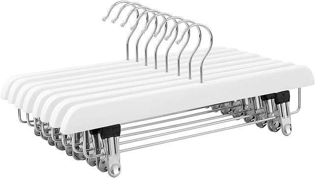 SONGMICS Skirt Hangers, Pack of 8, Solid Wood Trousers Hangers with Non-Slip Clips for Pants Slacks, Shorts, White CRW008WT-8
