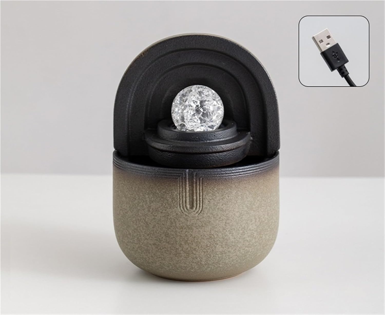 6.7”H Ceramic Tabletop Fountain with Glazed Finish and Rotating Crystal Ball, Indoor Zen Waterfall Decor with LED Light for Home Office Meditation(Gray USB Pump)