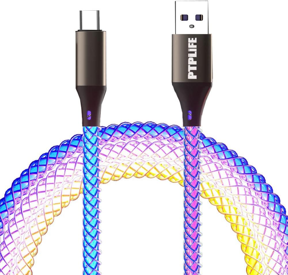 PTPLIFE RGB USB C Cable Light Up Charging Cable LED Lights 66W Fast Charging Cable Glow in The Dark Car USB Cable for Samsung,Huawei,OnePlus etc, 1m