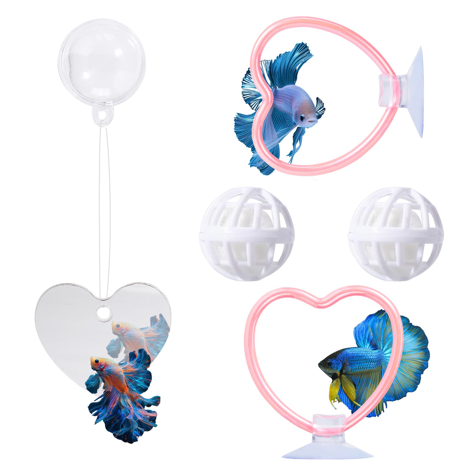 Boxili Betta Toys Set, 2 PCS Fish Exercise Ring, Floating Mirror And Ball, Fishing Tank Accessories (Pink)