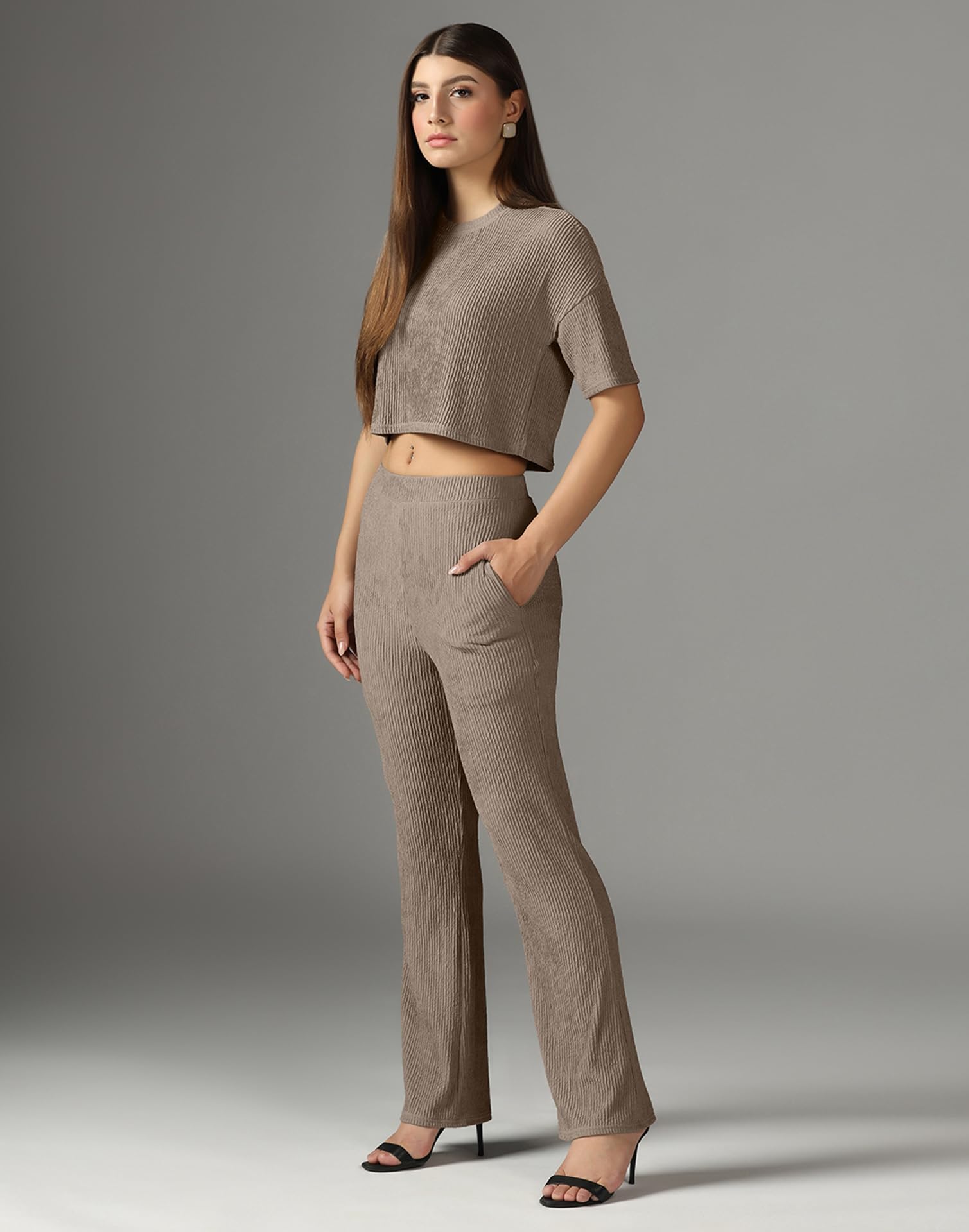 Selvia Conjunto de camisetas y pantalones para mujer, vestido de licra texturizado para mujer elegante