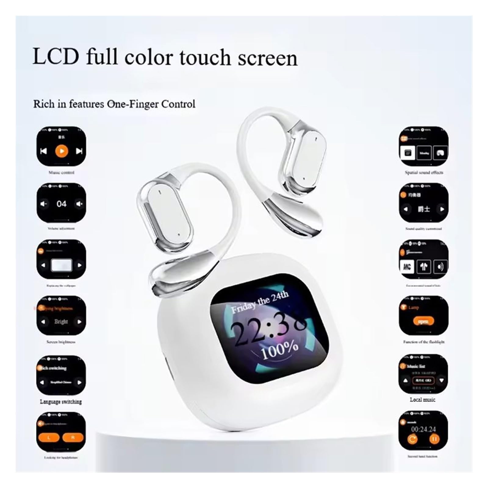 Real-Time Language Translator Headphones Bluetooth Earphones Sports Noise Reduction Earhooks Headset Smart Touch Screen(White)
