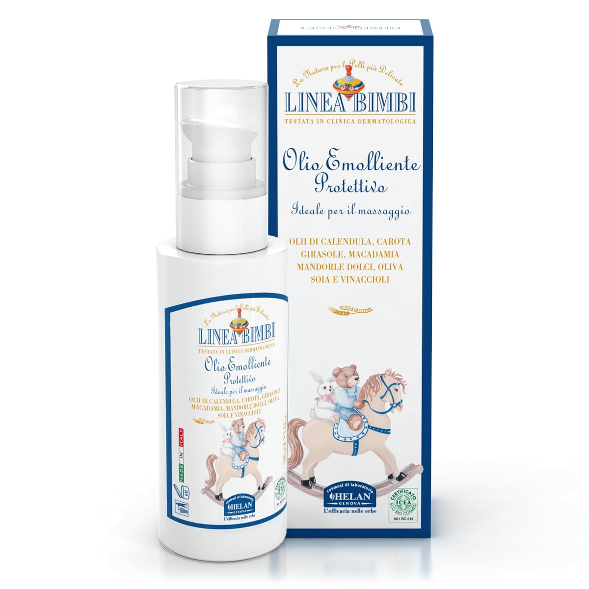 Helan, Speciale Nascita, Confezione Regalo, Linea Bimbi - Bagno Olio Addolcente, Olio Emolliente, Pelle di Velluto Talco Liquido - Confezione Kit Ricercata con Nastro in Tessuto (Blu e Rosa)