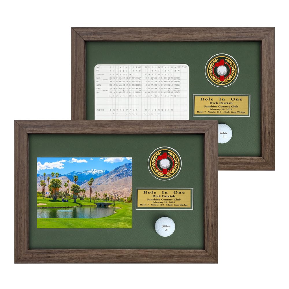 Golf Hole?in?One Enclosed Shadowbox | 3 Frame Colors with Acrylic Front | Holds Golf Ball & Vertical Scorecard or Photo | Engraved Plate
