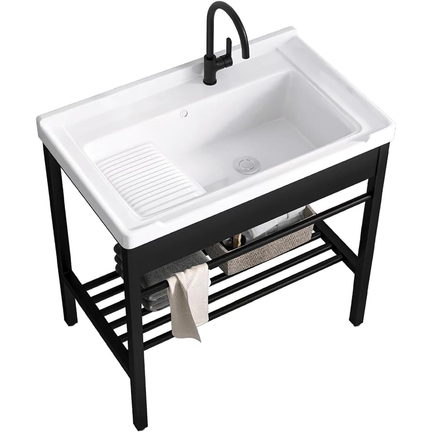 Fregadero independiente con tabla de lavado, grifos de agua fría y caliente, kit de drenaje, ideal para uso en interiores y exteriores, perfecto para sótanos y lavaderos, 81 x 48 x 83 cm