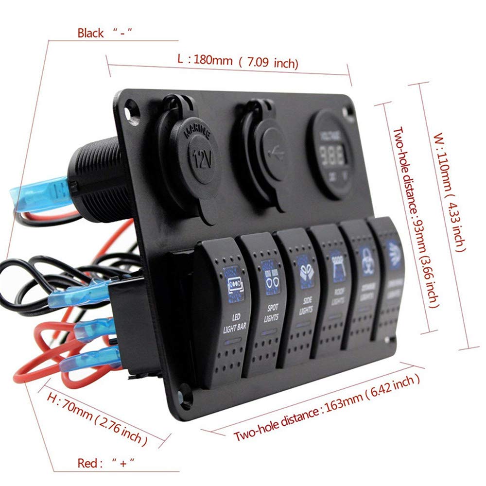 Cyfrowy 6-stopniowy panel przełącznika kołyskowego LED, 12 V, podwójne gniazdo zapalniczki, woltomierz, wyświetlacz, ochrona przed przeciążeniem, do samochodu, łodzi, kampera (6-drożny niebieski)