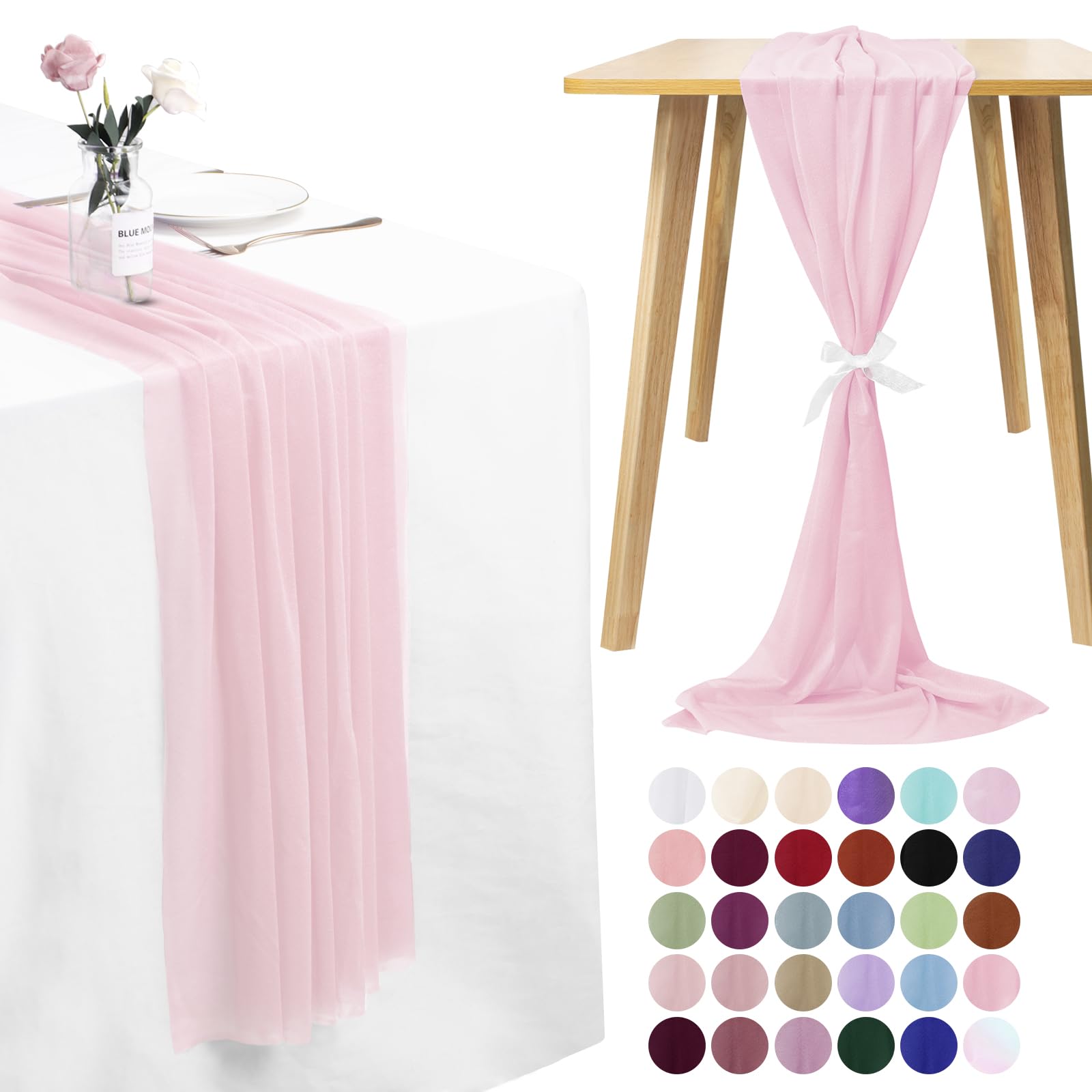 LEREATI 3 Pack Cheesecloth Table Runner Medium Pink Chiffon Table Runner 75cm x 300cm Gauze Sheer Table Runner Tulle Cheese Cloth Tablerunner for Party, Wedding, Christmas, Shower Decorations
