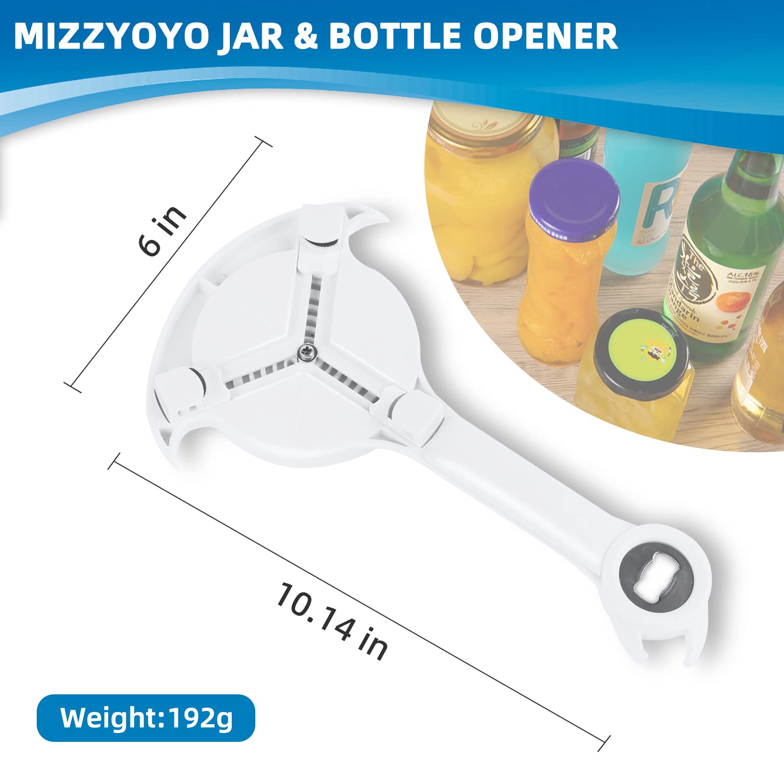 Abridor de tarros para manos débiles, personas mayores, artritis, abridor de tapas de botella, ahorro de trabajo, multifuncional, ajustable, antideslizante, M003 de mano (blanco)