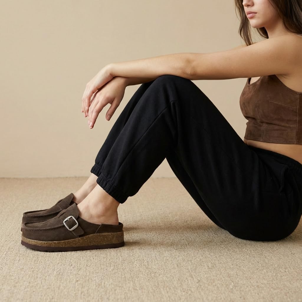 CUSHIONAIRE Hobby Genuine Leather Suede Mule Clogs for Women with Buckle Strap and Cork Footbed, Supportive All-Day Comfort in Womens Shoes, CHOCOLATE 8 - Image 6
