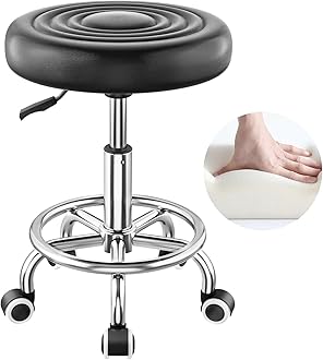 Round Rolling Stool with Wheels & Footrest – Height Adjustable (16.5"–20"), 360° Swivel, PU Leather Seat – Doctor, Salon, Tattoo, Massage Stool – 110 kg Capacity, Black