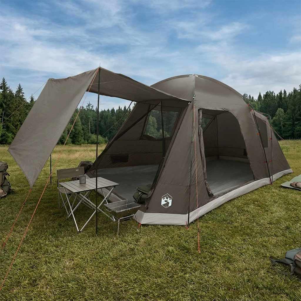 Hütten-Zelt mit Dach Braun grau 8 Personen, Polyester Stahl Cabin Moskito Schutz, wasserdichtes Regenfly, Reißverschlusstür, Camping Wandern Festival Outdooreinsatz