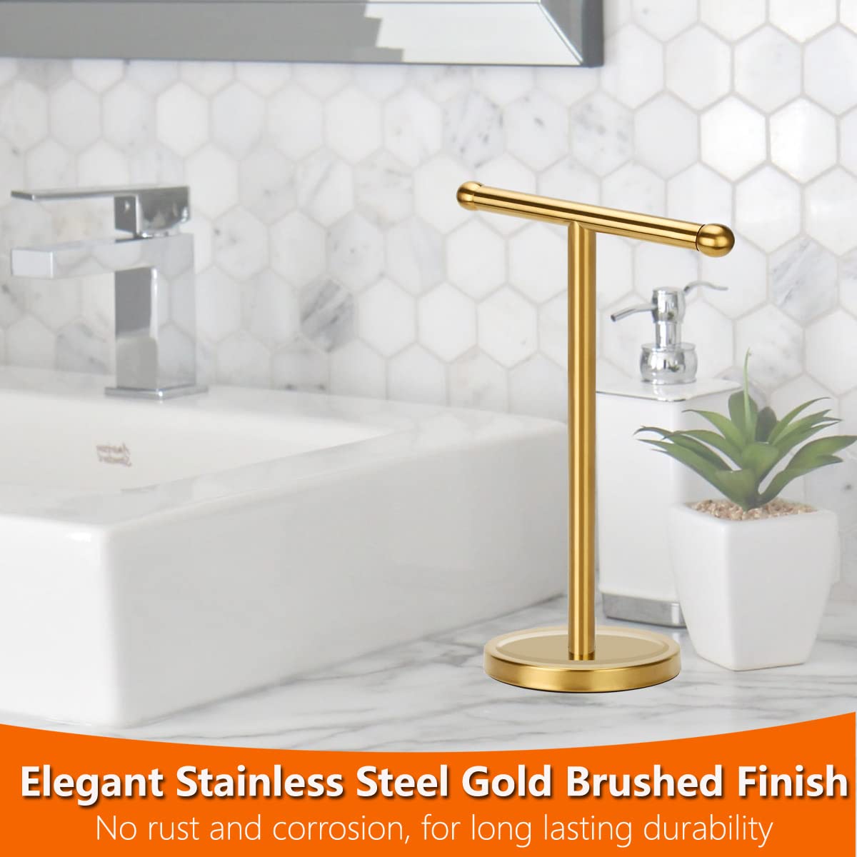 Gold Hand Towel Holder Stand with Heavy Stainless Steel Base, T-Shape Towel Rack - Image 4