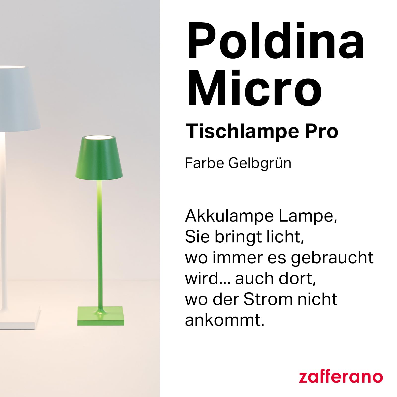 Zafferano, Poldina Micro Lampe, Kabellose, Wiederaufladbare Tischlampe mit Touch Control, Geeignet für Wohnzimmer und Außenbereich, Dimmer, 2200-3000 K, Höhe 27,5 cm, Farbe Gelbgrün