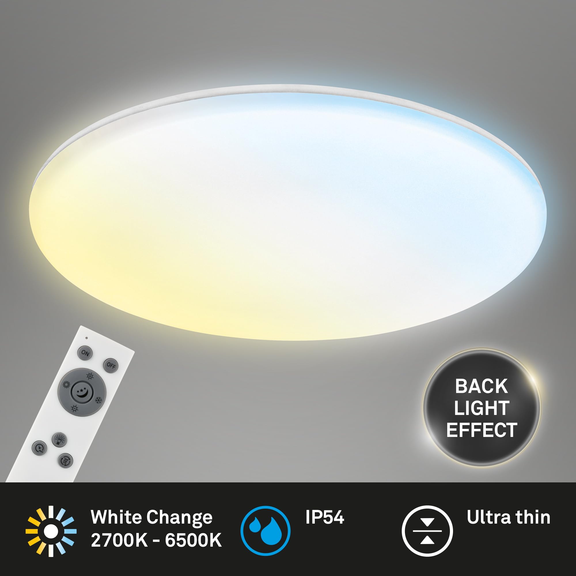 BRILONER - Plafoniera LED per bagno a luce indiretta, telecomando, protezione da polvere e spruzzi d'acqua, plafoniera LED, lampada da bagno, 35 x 5,5 cm, bianco