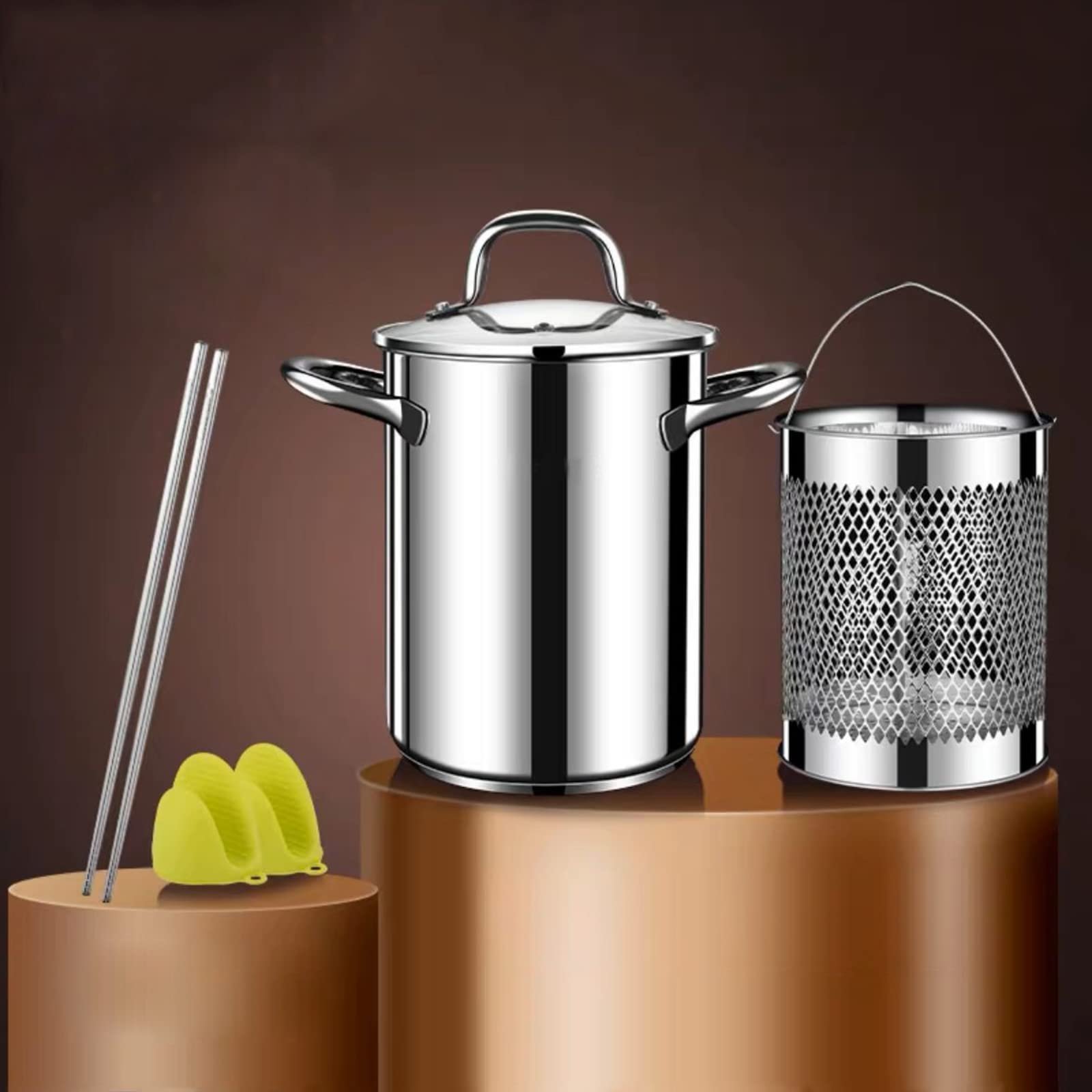 Spargeltopf aus Edelstahl 304, Gemüsedampfgarer, Spaghetti-Nudeln, Herd mit abnehmbarem Korb und sichtbarem Deckel, Öl-Frittierpfanne, 4 l, 17 cm, Silber