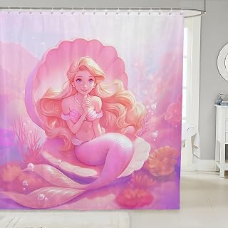 Cute Mermaid Kids Shower Curtains,Coral Ocean Fish Tails Scales Bathroom Curtain,Fairy Tale Princess Dreamy Home Decor,Pink Orange Waterproof Curtains,12 Hooks Suits,72" W x 84" L